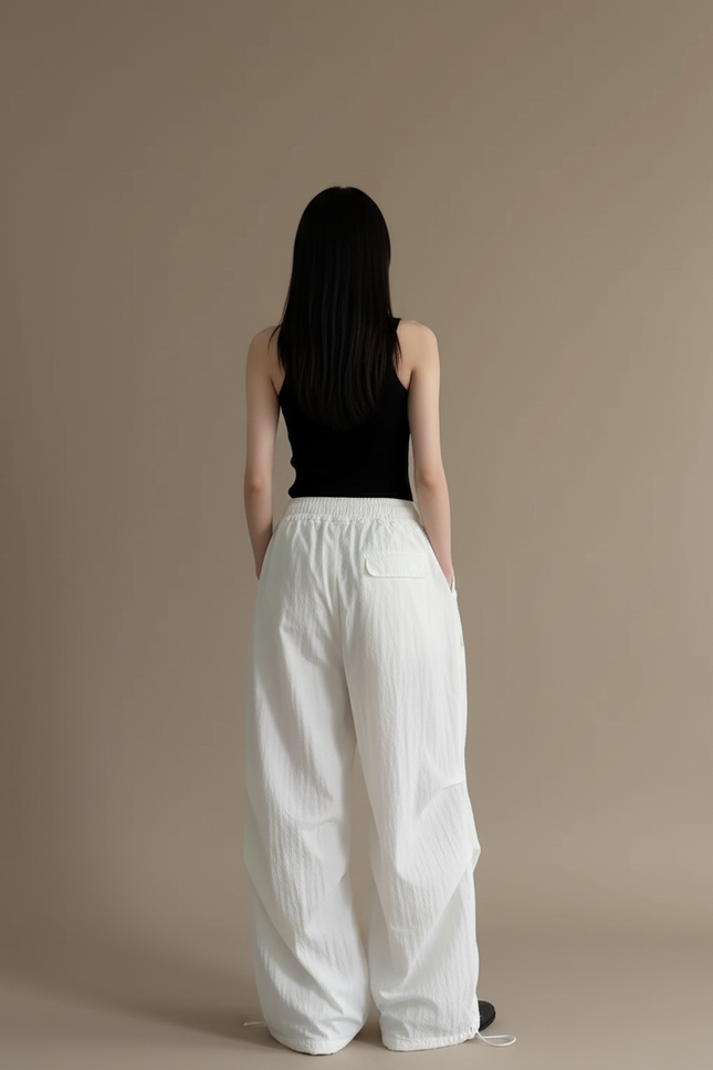 Pantalon Blanc Parachute Ample Taille Haute Femme - Polyester - vue 2