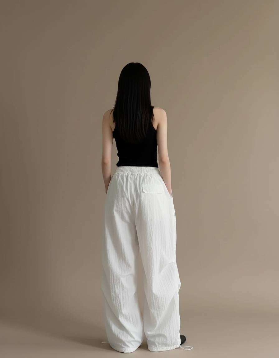 Pantalon Blanc Parachute Ample Taille Haute Femme - Polyester - vue 2