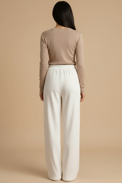 Pantalon Blanc Côtelé Ample Taille Haute Décontracté - Maille - vue 2