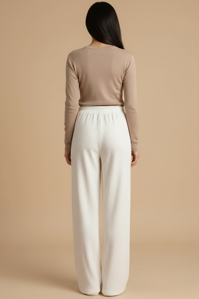Pantalon Blanc Côtelé Ample Taille Haute Décontracté - Maille - vue 2