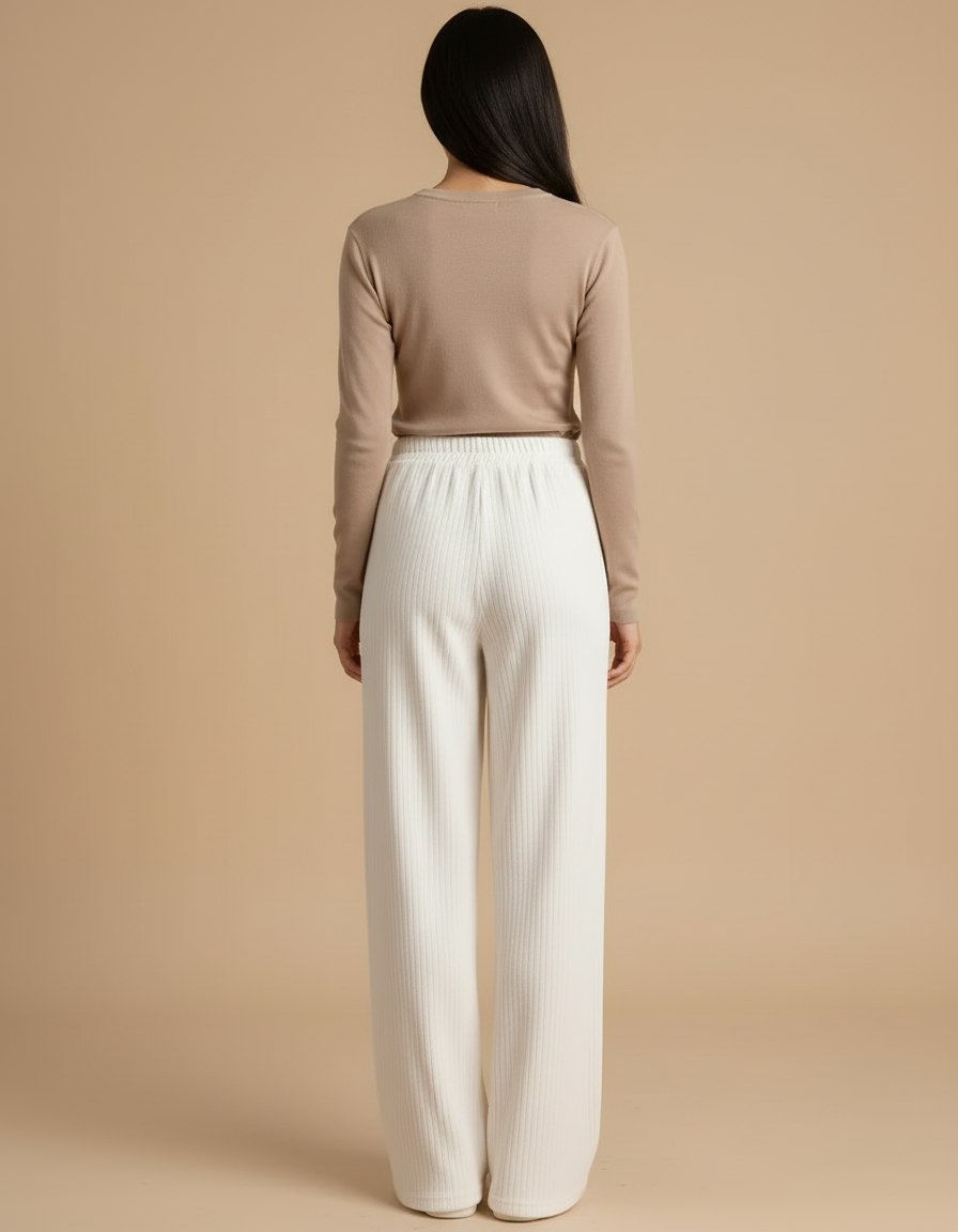 Pantalon Blanc Côtelé Ample Taille Haute Décontracté - Maille - vue 2