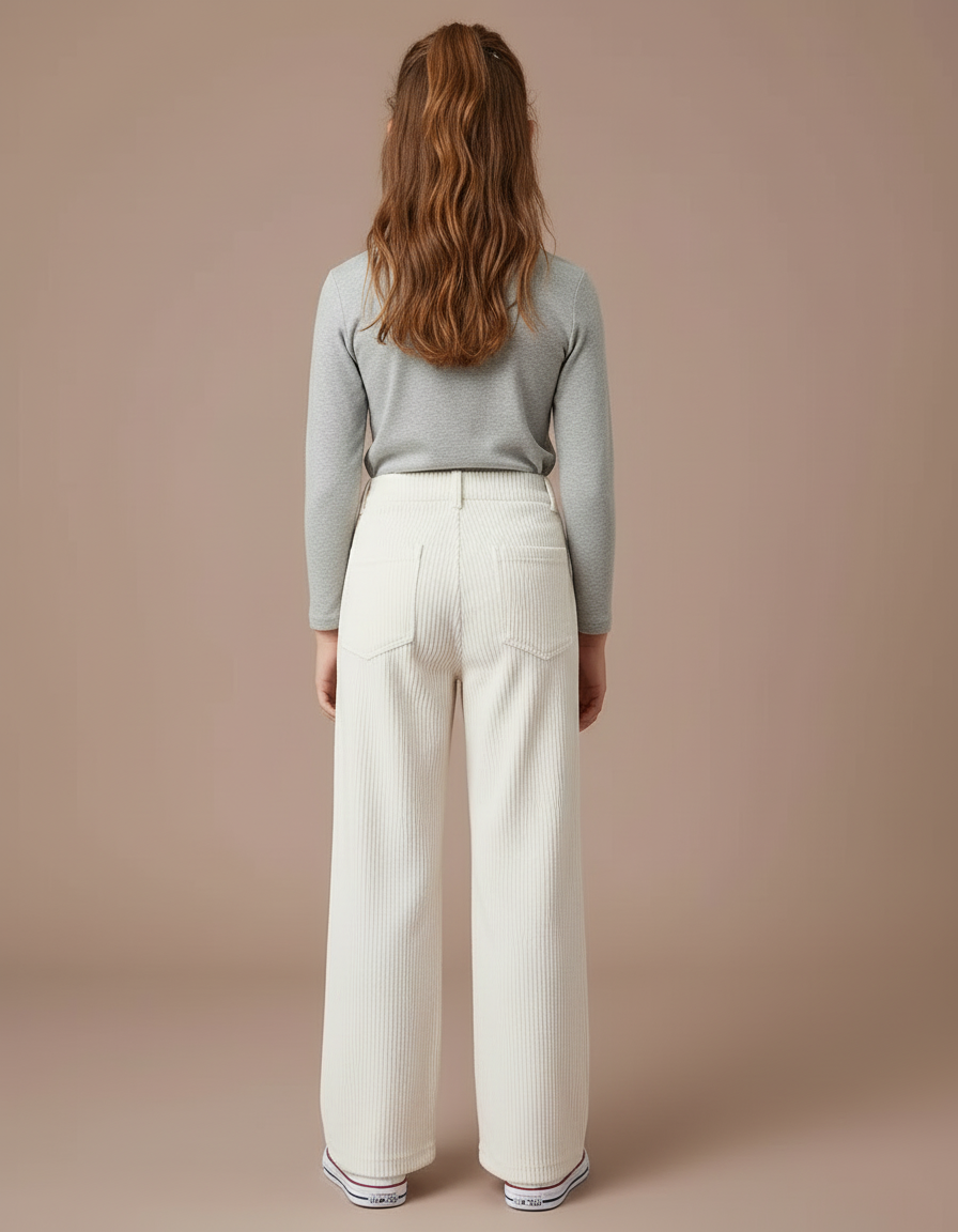 Pantalon Blanc Côtelé Ample Fille Décontracté - Cordé - vue 2
