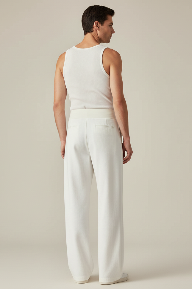 Pantalon Blanc Ample Droit Taille Haute Élégant - Toile - vue 2