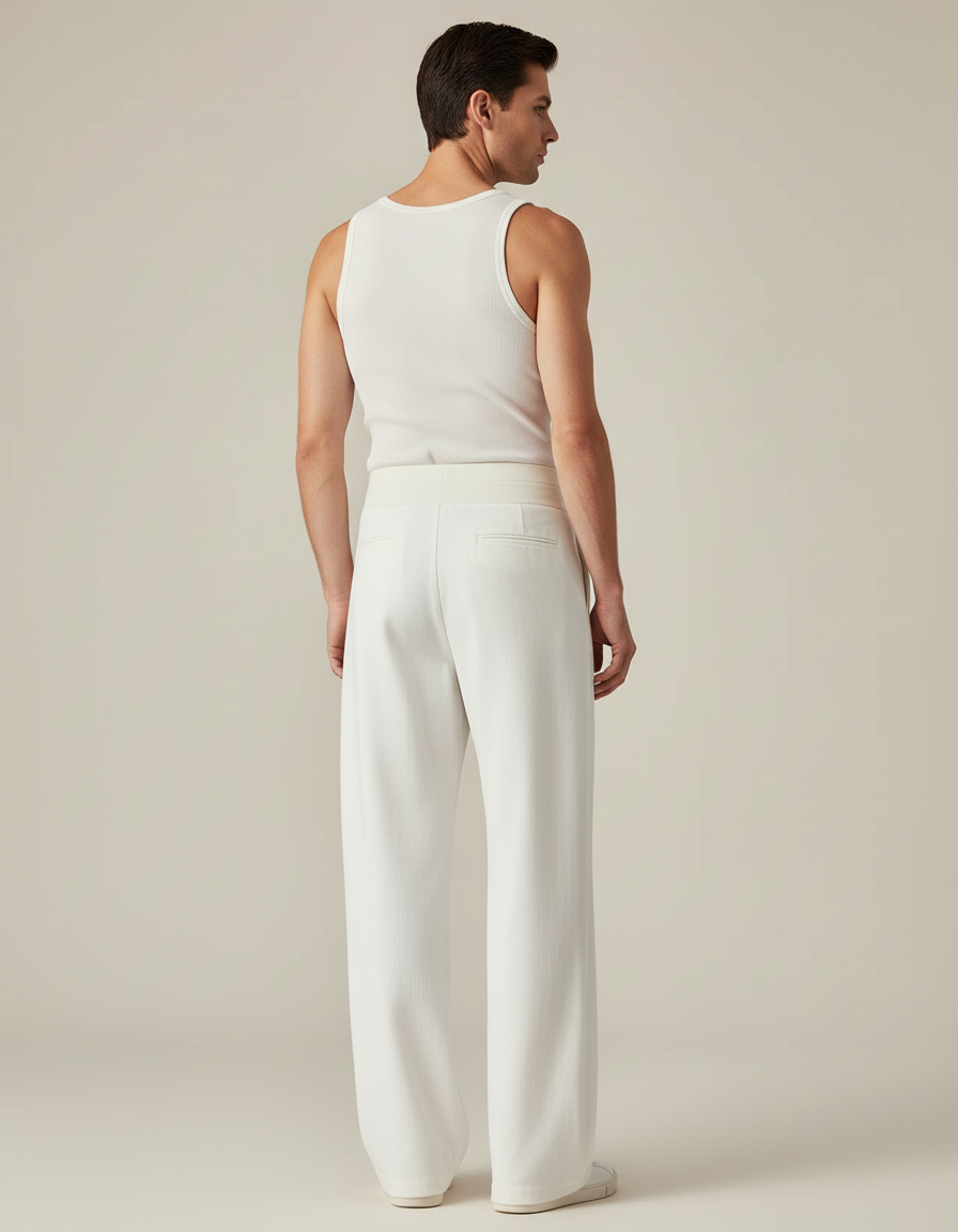 Pantalon Blanc Ample Droit Taille Haute Élégant - Toile - vue 2