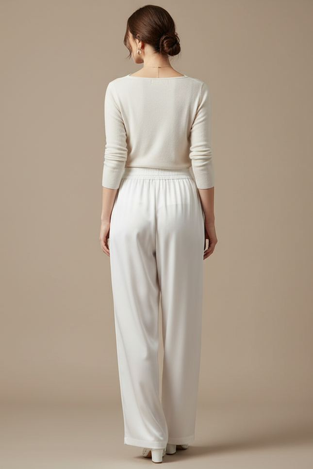 Pantalon Blanc Fluide Satiné Ample Élégant Femme - vue 2