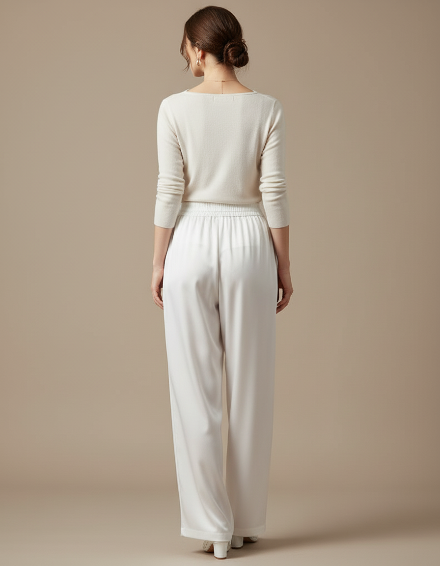 Pantalon Blanc Fluide Satiné Ample Élégant Femme - vue 2