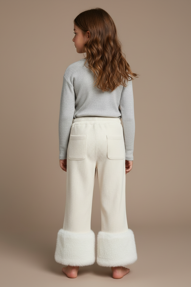 Pantalon Blanc Côtelé Évasé Fourrure Confortable Fille - Beige Cordé - vue 2