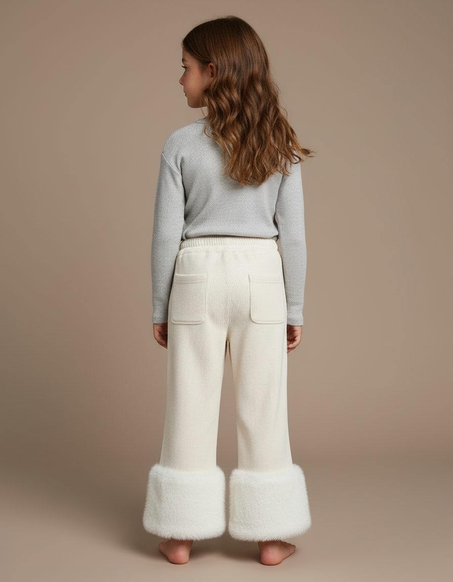 Pantalon Blanc Côtelé Évasé Fourrure Confortable Fille - Beige Cordé - vue 2
