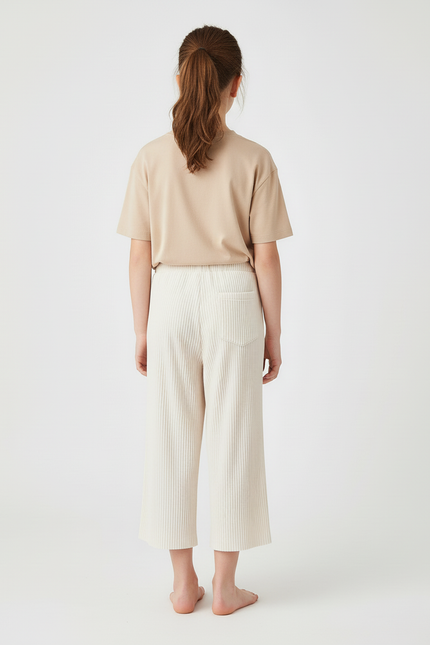 Pantalon Blanc Plissé Ample Décontracté Enfant Côtelé - Cordé - vue 2
