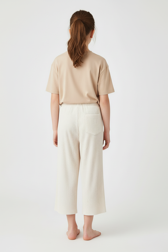Pantalon Blanc Plissé Ample Décontracté Enfant Côtelé - Cordé - vue 2