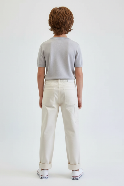 Pantalon Blanc Coton Canvas Décontracté Enfant Garçon - Beige Toile - vue 2