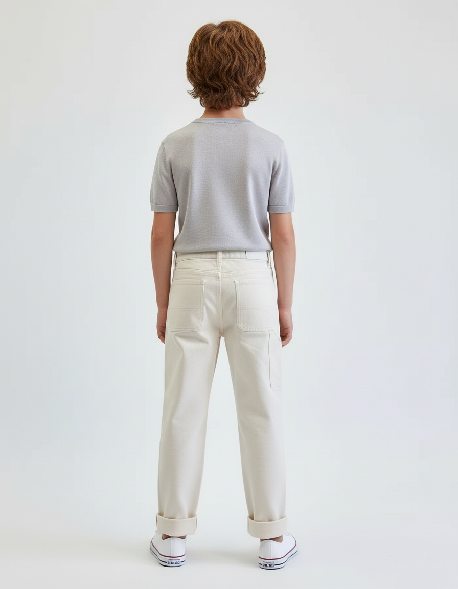 Pantalon Blanc Coton Canvas Décontracté Enfant Garçon - Beige Toile - vue 2