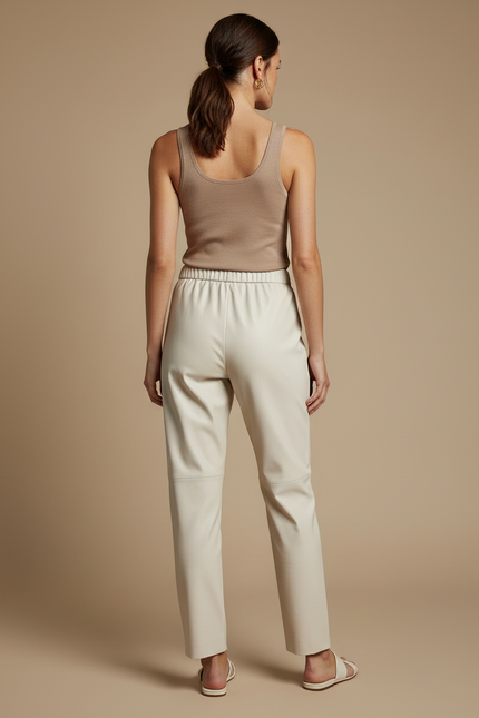 Pantalon Blanc Similicuir Ample Taille Élastique - Beige Simili cuir - vue 2