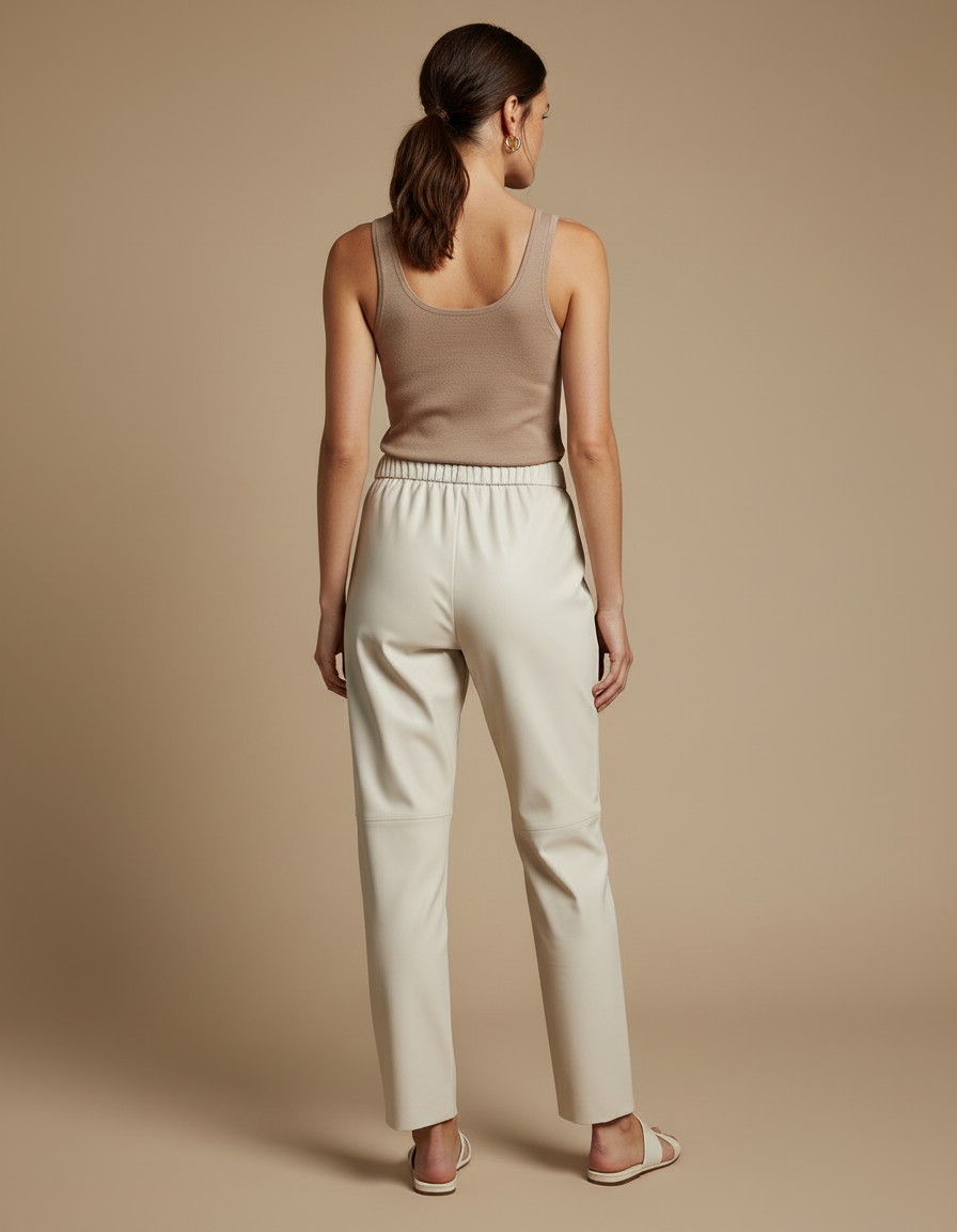 Pantalon Blanc Similicuir Ample Taille Élastique - Beige Simili cuir - vue 2