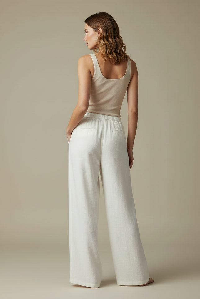Pantalon Blanc Lin Fluide Ample Décontracté Femme - vue 2