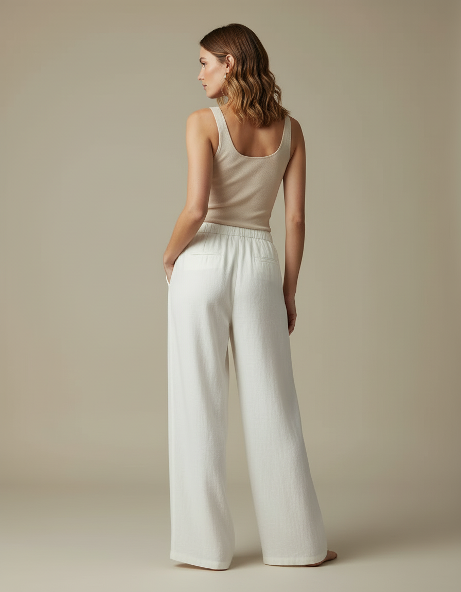 Pantalon Blanc Lin Fluide Ample Décontracté Femme - vue 2