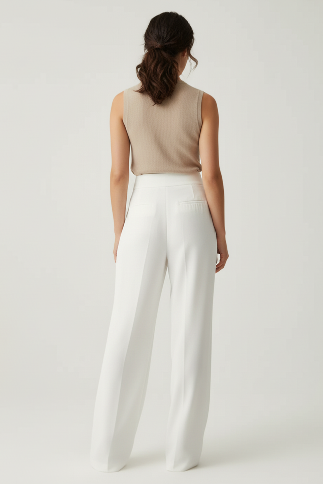 Pantalon Blanc Ample Plissé Taille Haute Femme - Polyester - vue 2