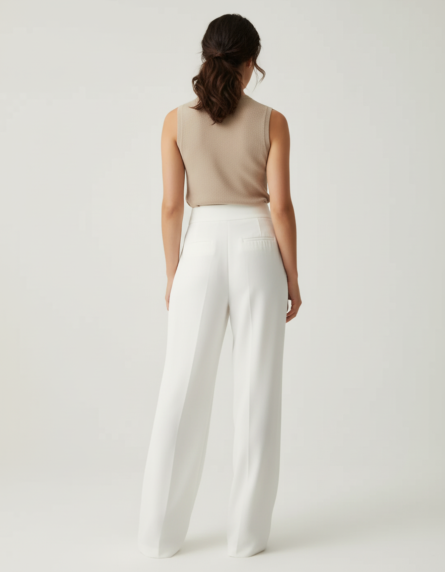 Pantalon Blanc Ample Plissé Taille Haute Femme - Polyester - vue 2