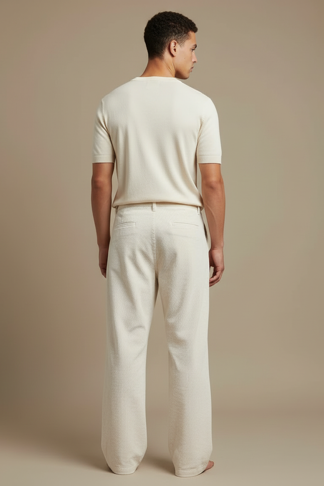 Pantalon Blanc Côtelé Ample Décontracté Homme Moderne - Beige Cordé - vue 2
