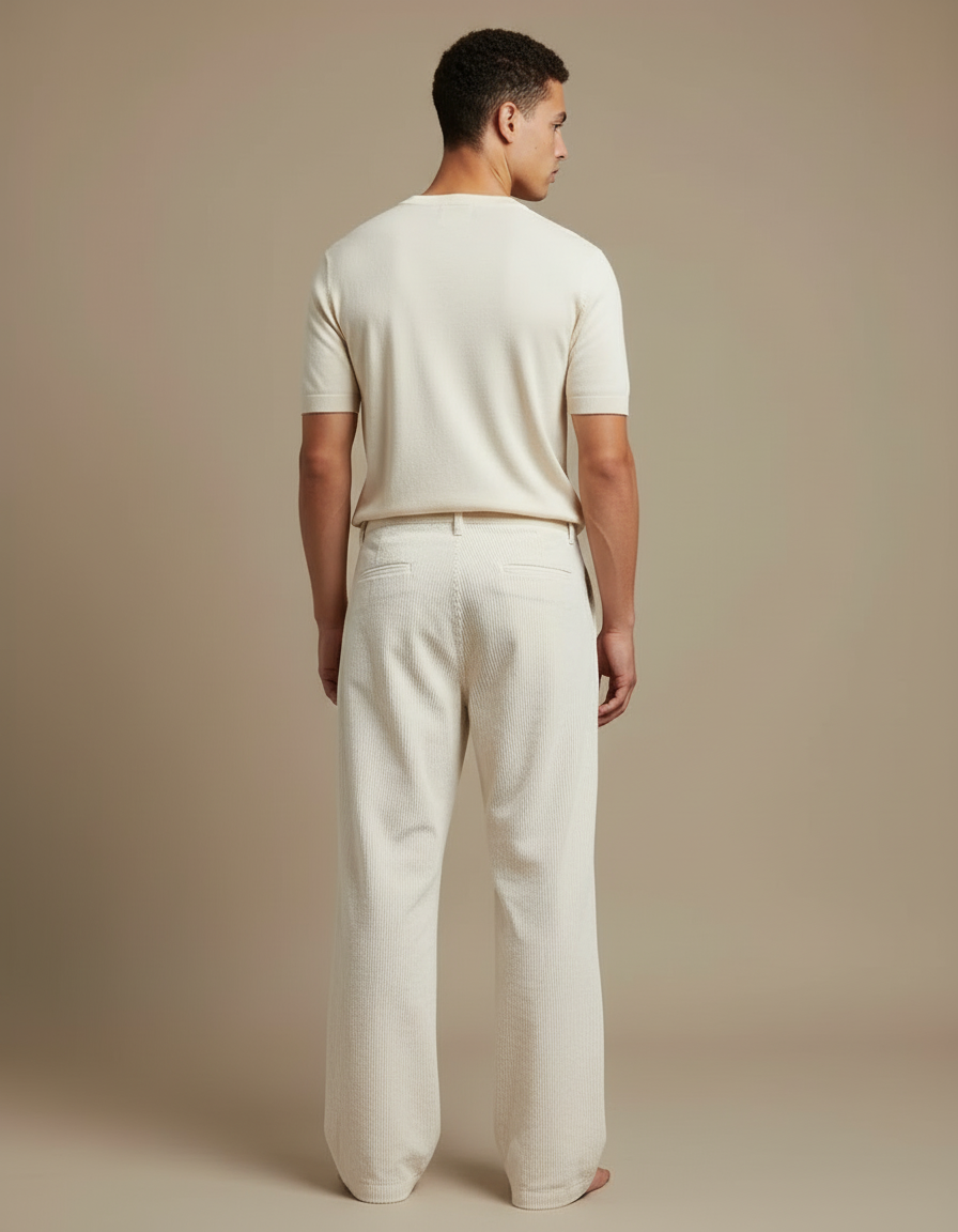 Pantalon Blanc Côtelé Ample Décontracté Homme Moderne - Beige Cordé - vue 2