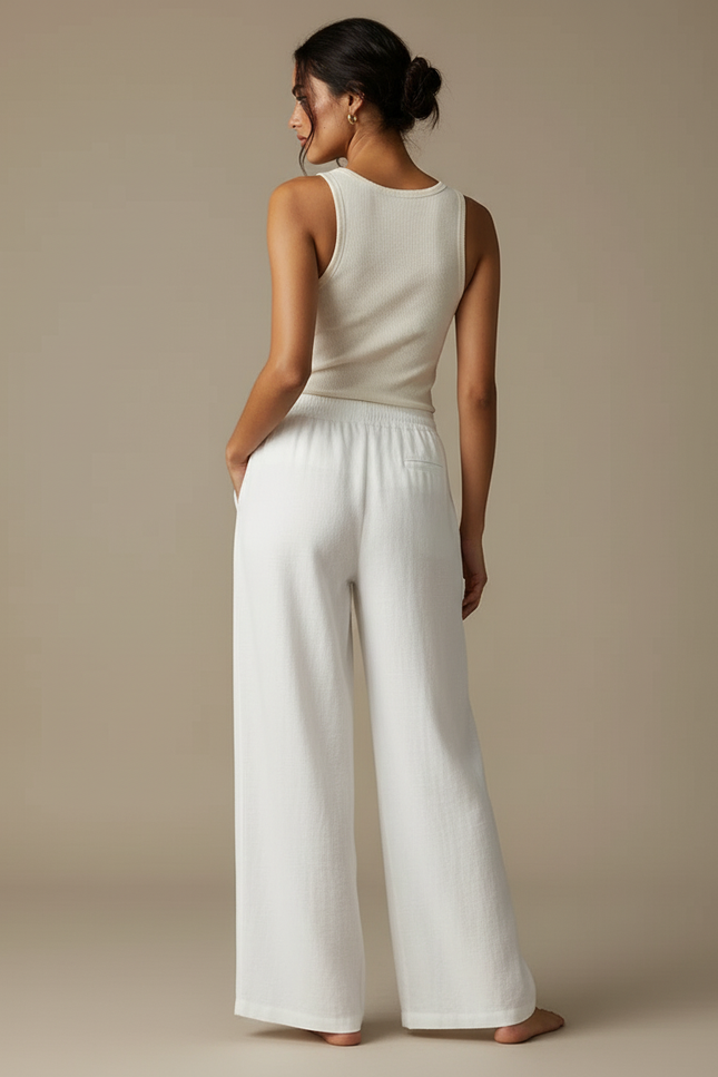 Pantalon Blanc Lin Fluide Ample Femme Décontracté - vue 2