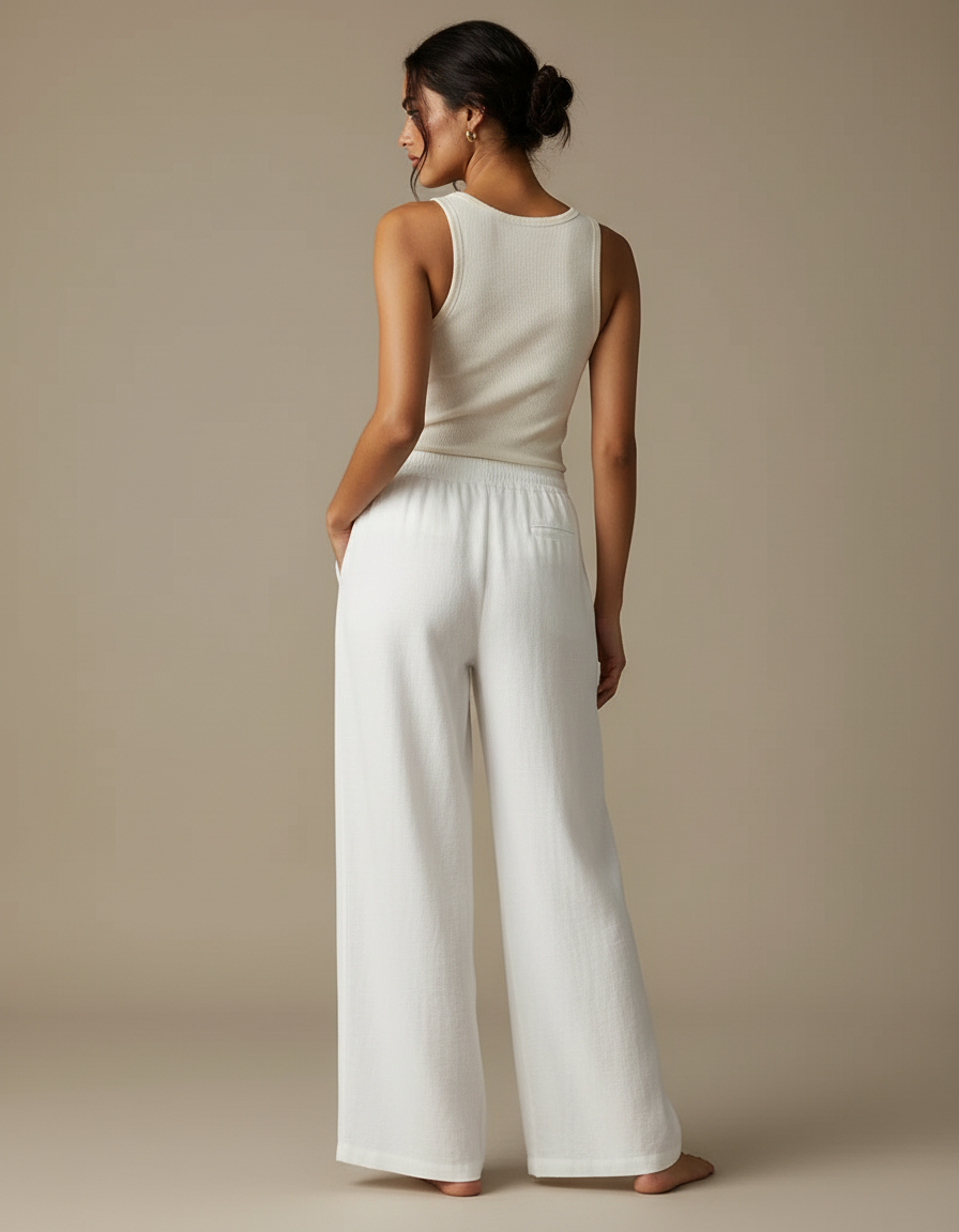 Pantalon Blanc Lin Fluide Ample Femme Décontracté - vue 2