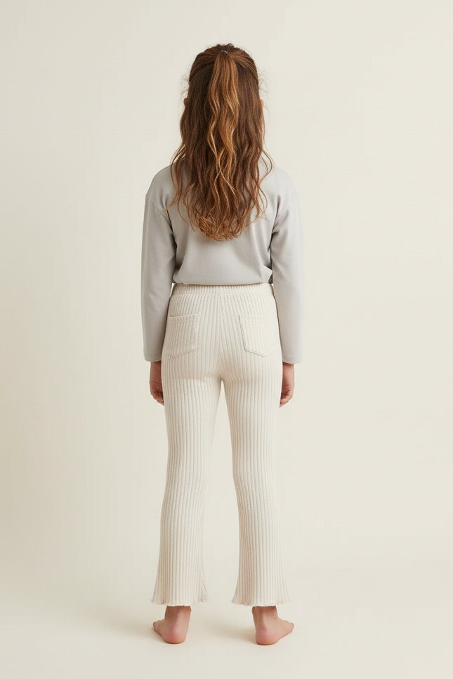 Pantalon Blanc Côtelé Évasé Enfant Confortable - Beige Maille - vue 2