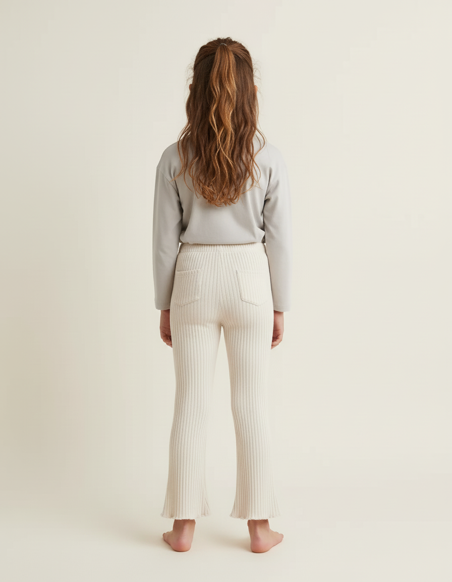 Pantalon Blanc Côtelé Évasé Enfant Confortable - Beige Maille - vue 2
