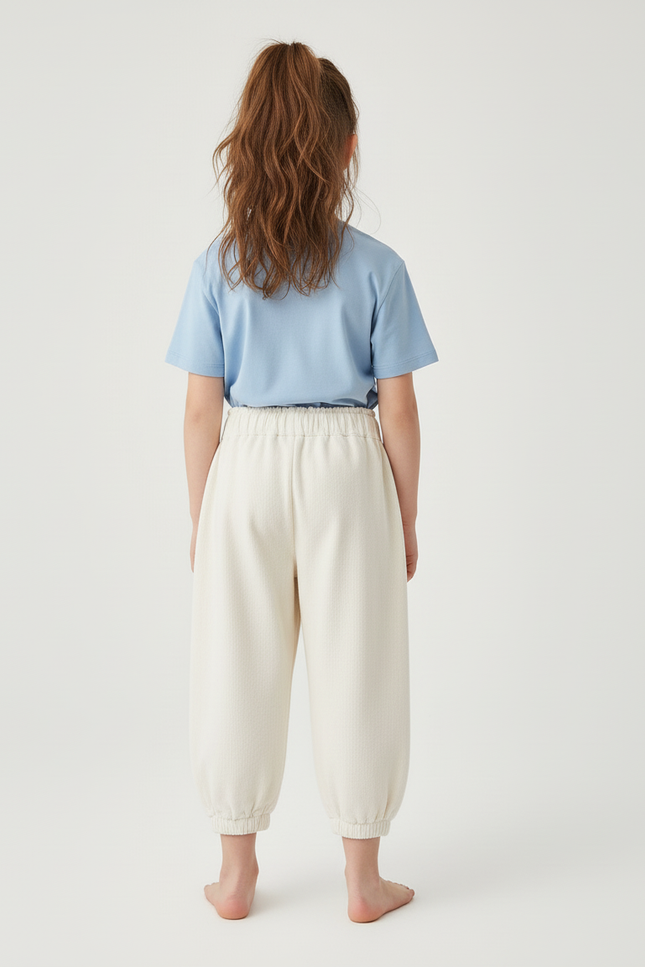 Pantalon Blanc Côtelé Ample Élastique Fleur Enfant - Beige Cordé - vue 2