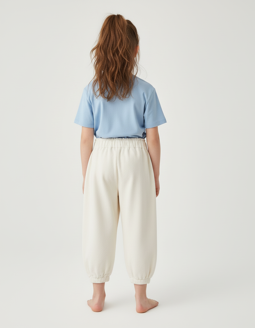 Pantalon Blanc Côtelé Ample Élastique Fleur Enfant - Beige Cordé - vue 2