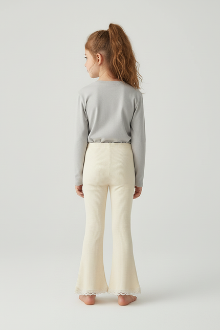 Pantalon Blanc Évasé Côtelé Dentelle Fille Confortable - Beige Maille - vue 2