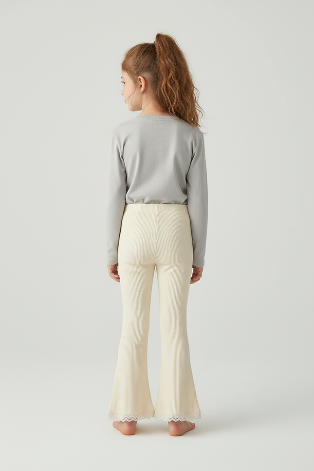 Pantalon Blanc Évasé Côtelé Dentelle Fille Confortable - Beige Maille - vue 2