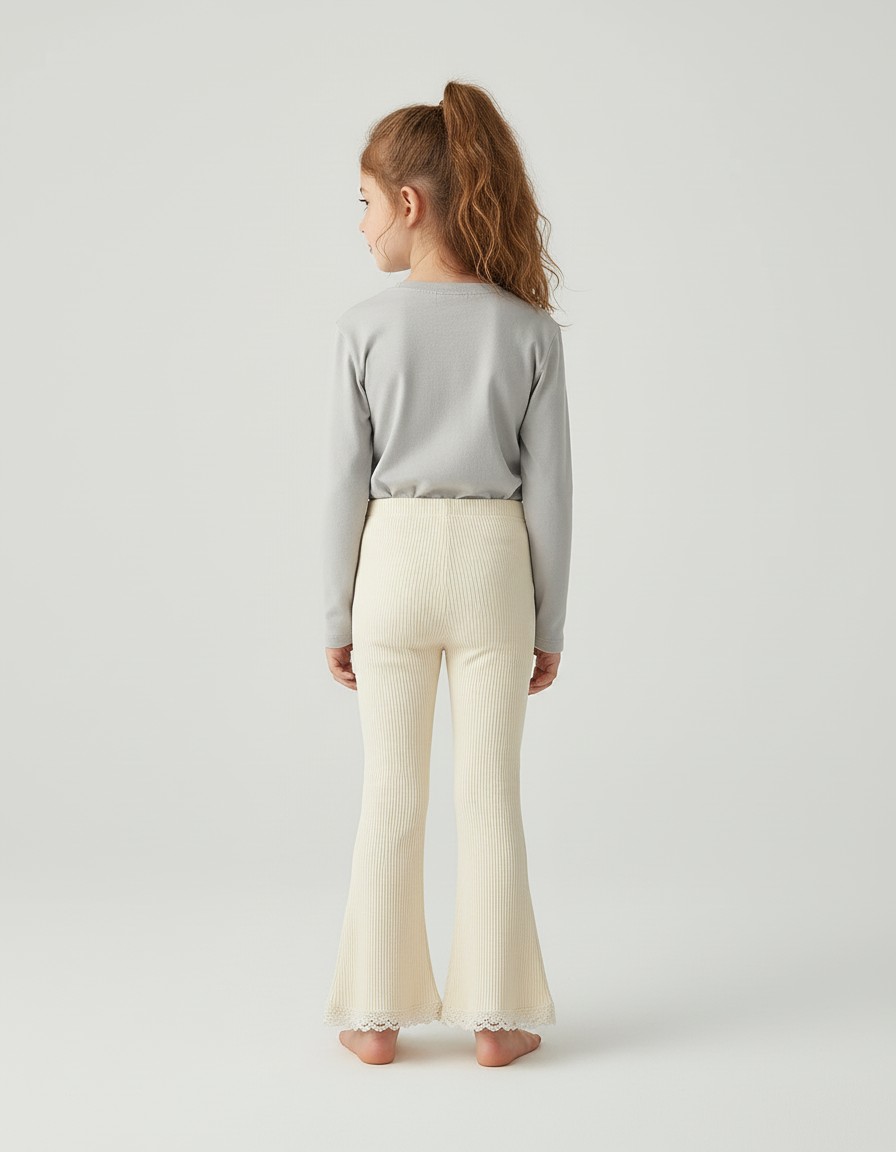 Pantalon Blanc Évasé Côtelé Dentelle Fille Confortable - Beige Maille - vue 2