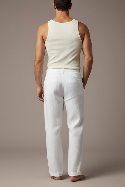 Pantalon Blanc Homme Lin Jambe Large Boutons - vue 2