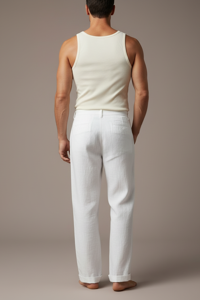 Pantalon Blanc Homme Lin Jambe Large Boutons - vue 2