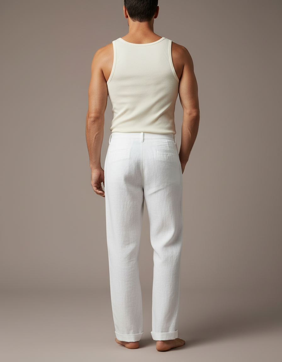 Pantalon Blanc Homme Lin Jambe Large Boutons - vue 2