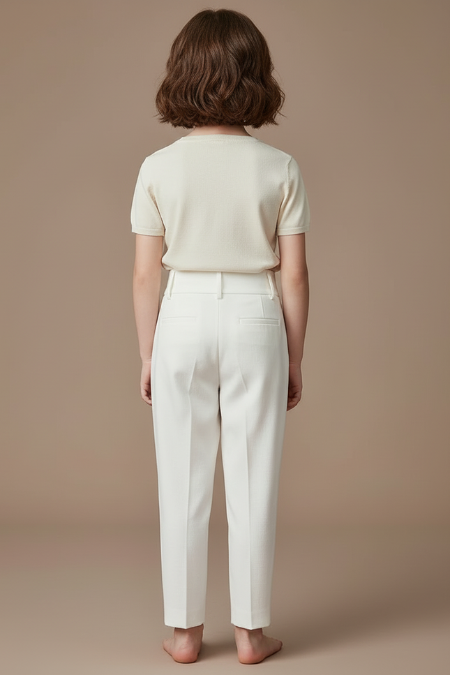 Pantalon Blanc Droit Plissé Boutons Élégant Enfant - Gabardine - vue 2