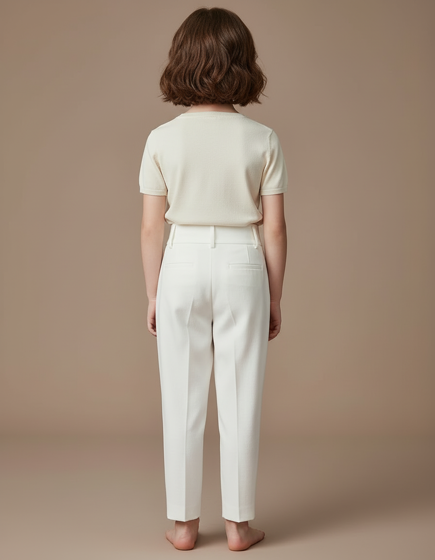 Pantalon Blanc Droit Plissé Boutons Élégant Enfant - Gabardine - vue 2