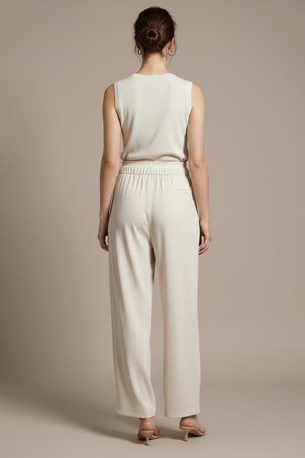 Pantalon Blanc Fluide Ample Cordon Décontracté Femme - Beige Maille - vue 2
