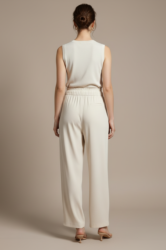 Pantalon Blanc Fluide Ample Cordon Décontracté Femme - Beige Maille - vue 2