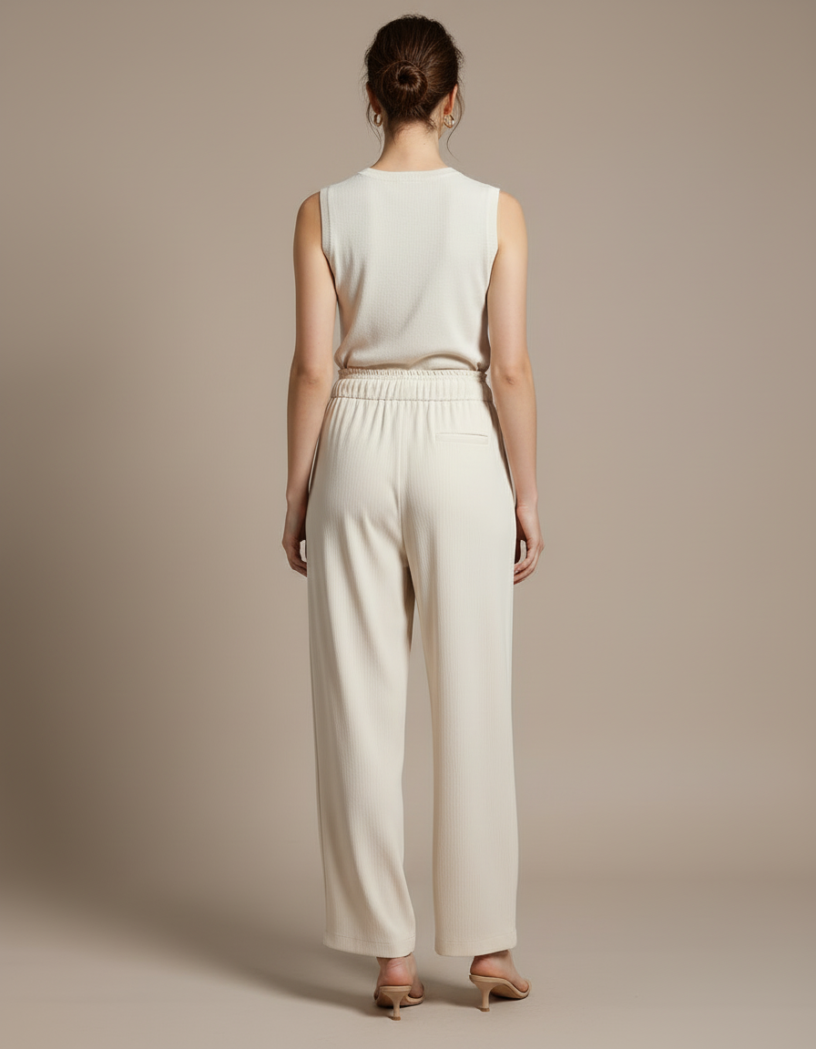 Pantalon Blanc Fluide Ample Cordon Décontracté Femme - Beige Maille - vue 2