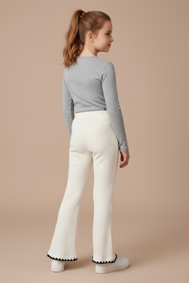 Pantalon Blanc Côtelé Évasé Fille Dentelle Décontracté - Maille - vue 2