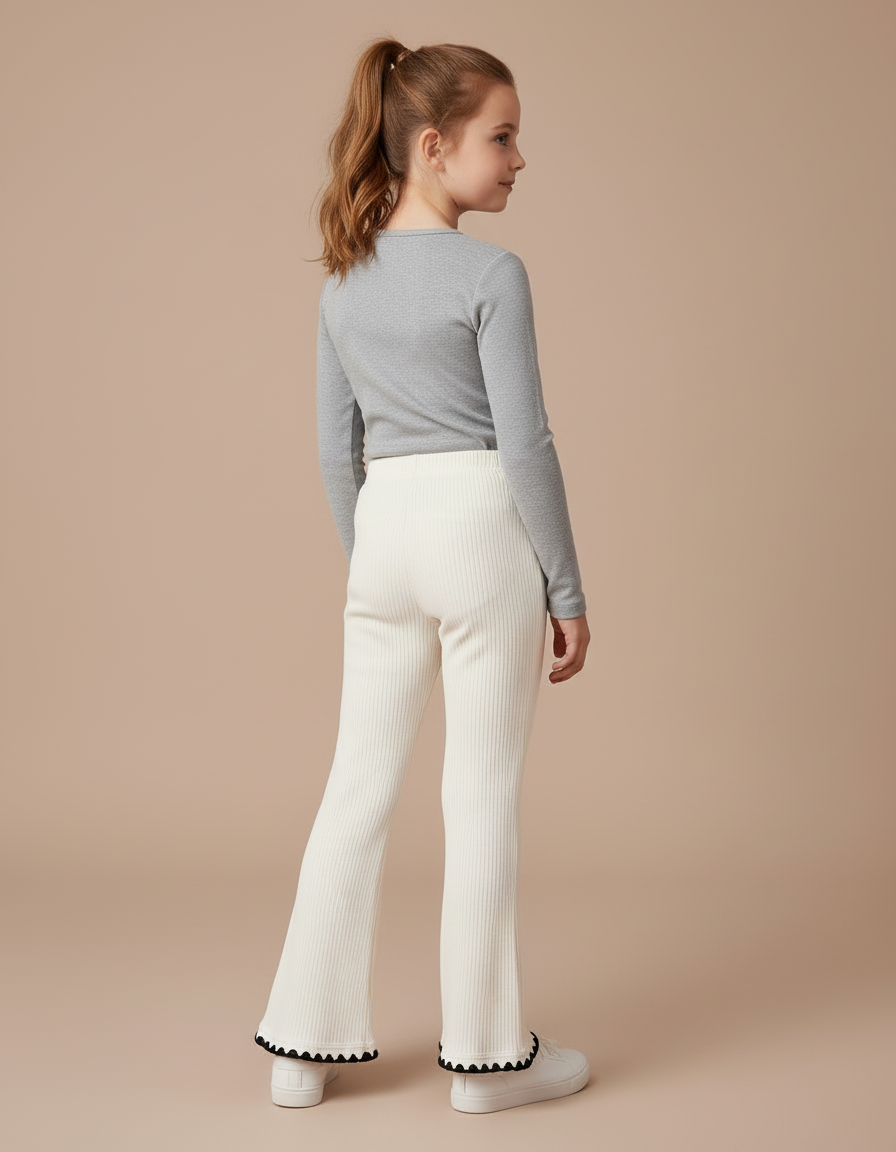 Pantalon Blanc Côtelé Évasé Fille Dentelle Décontracté - Maille - vue 2