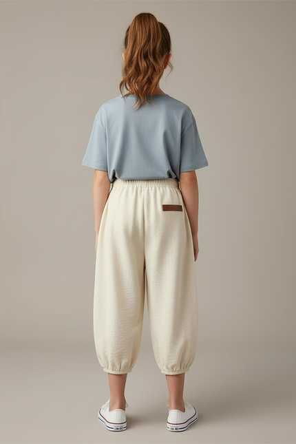 Pantalon Blanc Ample Décontracté Coton Fille Élastique - Beige Molleton - vue 2