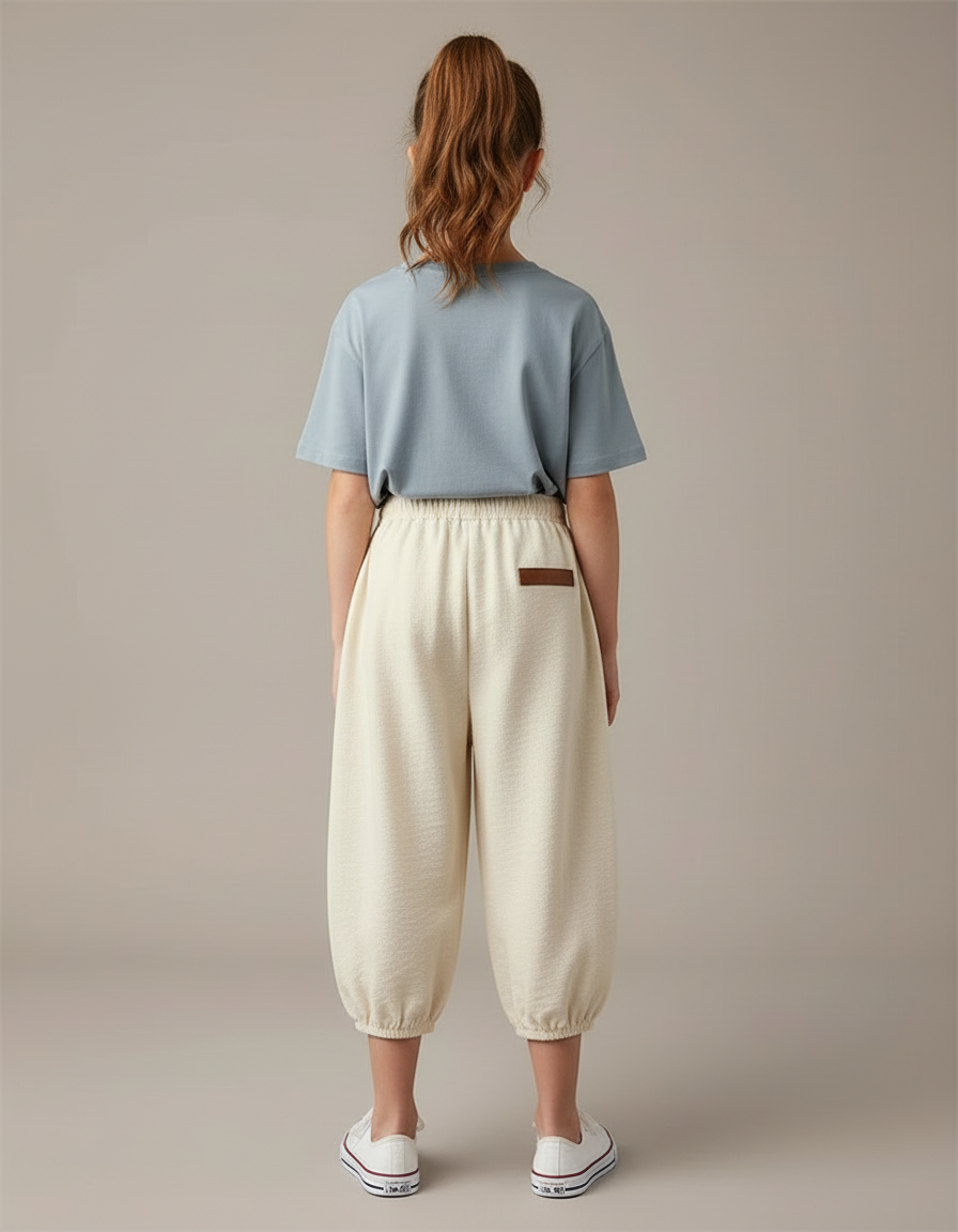 Pantalon Blanc Ample Décontracté Coton Fille Élastique - Beige Molleton - vue 2