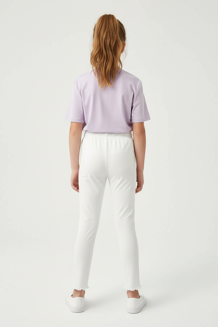 Pantalon Blanc Fille Coton Stretch Scallopé Confortable - vue 2