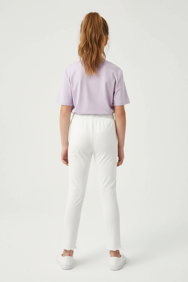 Pantalon Blanc Fille Coton Stretch Scallopé Confortable - vue 2