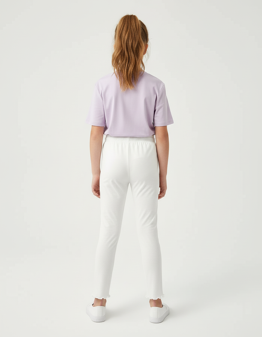 Pantalon Blanc Fille Coton Stretch Scallopé Confortable - vue 2