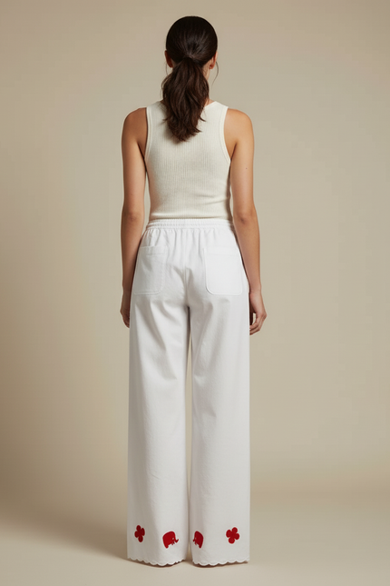 Pantalon Blanc Ample Coton Brodé Décontracté Femme - vue 2