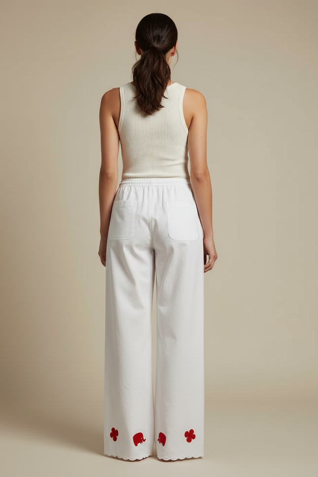Pantalon Blanc Ample Coton Brodé Décontracté Femme - vue 2
